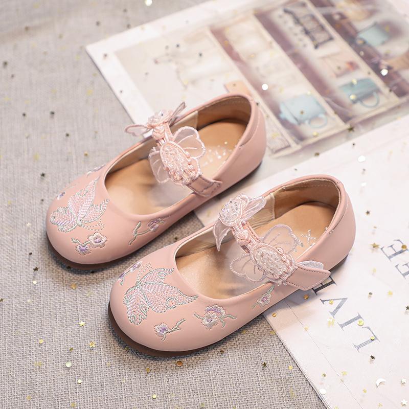 2024 Новые модные детские туфли Мэри Джейн в китайском стиле для девочек, кожаные туфли с вышивкой в виде бабочек, простые повседневные туфли с круглым носком для детей