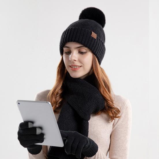 Women's Winter Hat Scarf Gloves Set Faux Fur Pompom Ball Knitted Cap Long Scarf Touch Screen Gloves Set for Cold Weather