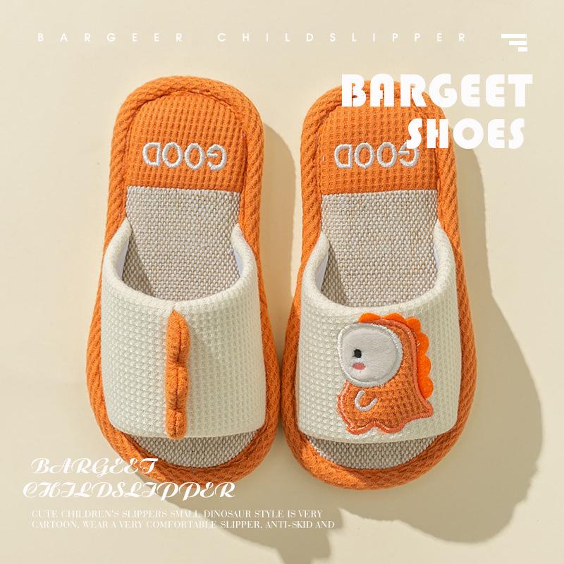 Children's Dinosaur Linen Slippers Female Spring and Autumn Seasons Home with Soft Bottom Cartoon Parent-child Cotton Linen Slippers Wholesale