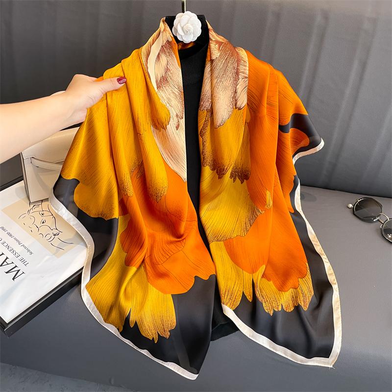 110x110cm Women Silk Square Scarf Hijab Female Design Print Lady Shawl Wraps Foulard Headbands Bufanda Large Bandana Luxury