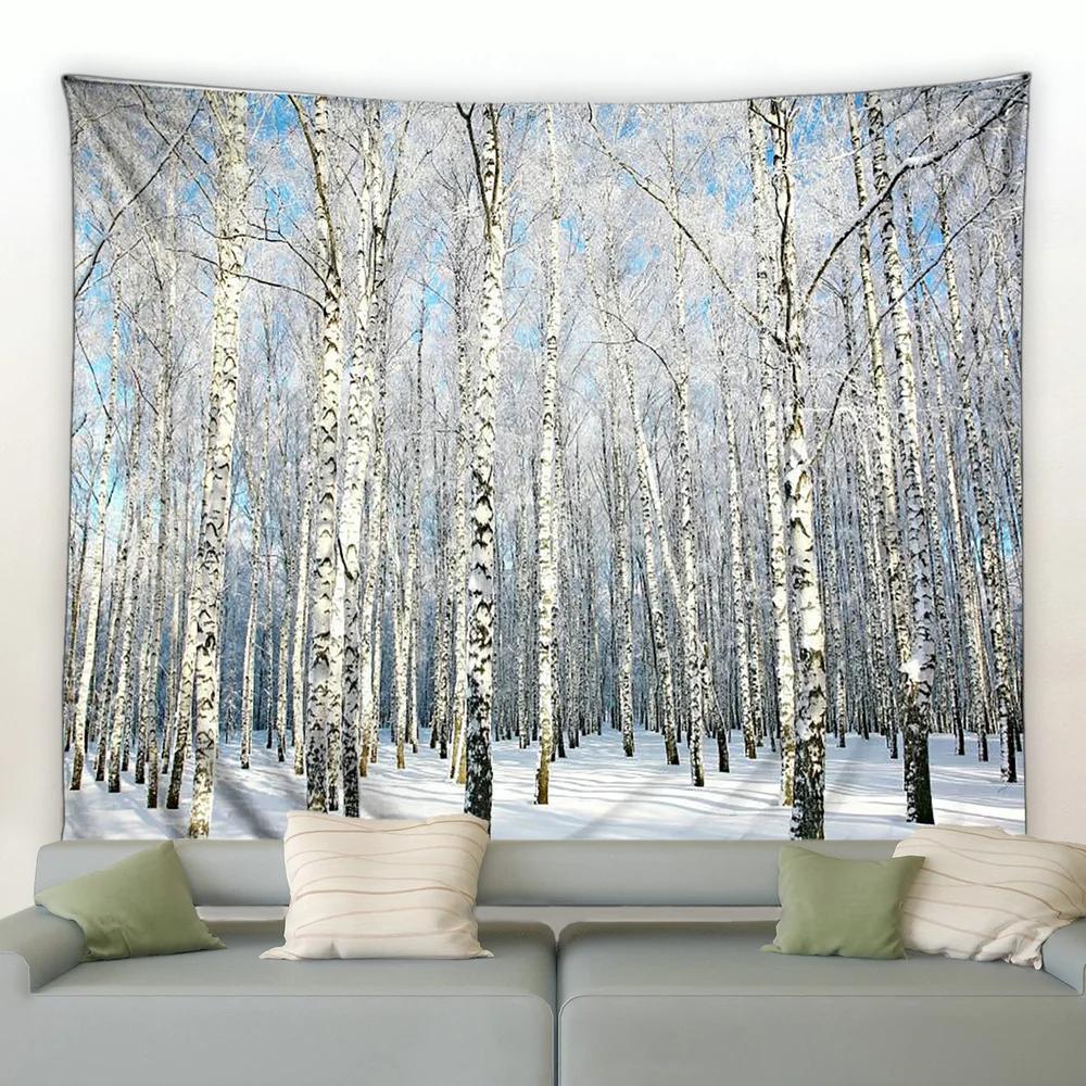 Окно Снаружи Снежинка Лес Гобелен Зимний Пейзаж Гобелены Настенное Панно Домашний Художественный Декор Плед для Спальни Гостиной
