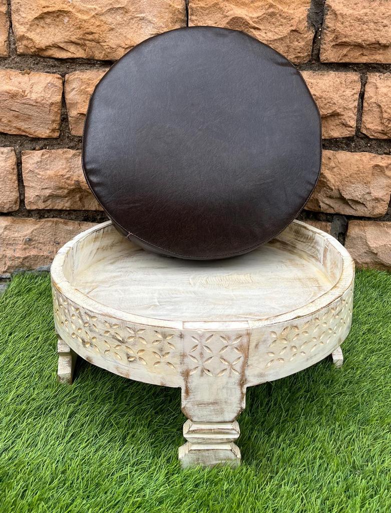 Wooden Round Side Table With Cushion-Carved Sitting Grinder Table-Wooden Bedside Central Table Art Furniture Decor-End Table Art Decor