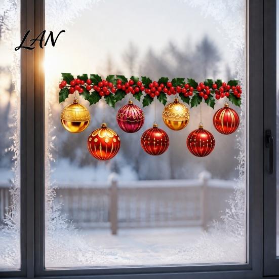 Christmas Hanging Ball Ornaments Holly Static Window Stickers, Waterproof PVC Decorative Decals for Party Supplies Home Store Glass Doors, Reusable