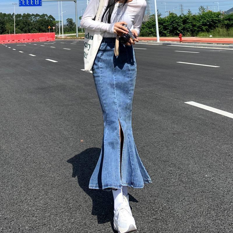 Юбка из эластичного денима, юбка-полукомбинезон, женская летняя юбка-трапеция с высокой талией, открытая юбка на бедрах, длинная юбка-рыбий хвост, женская юбка