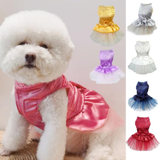 Pet Dress Shiny Rhinestone Stand Collar Soft Comfortable Eye-catching Shirring Princess See-through