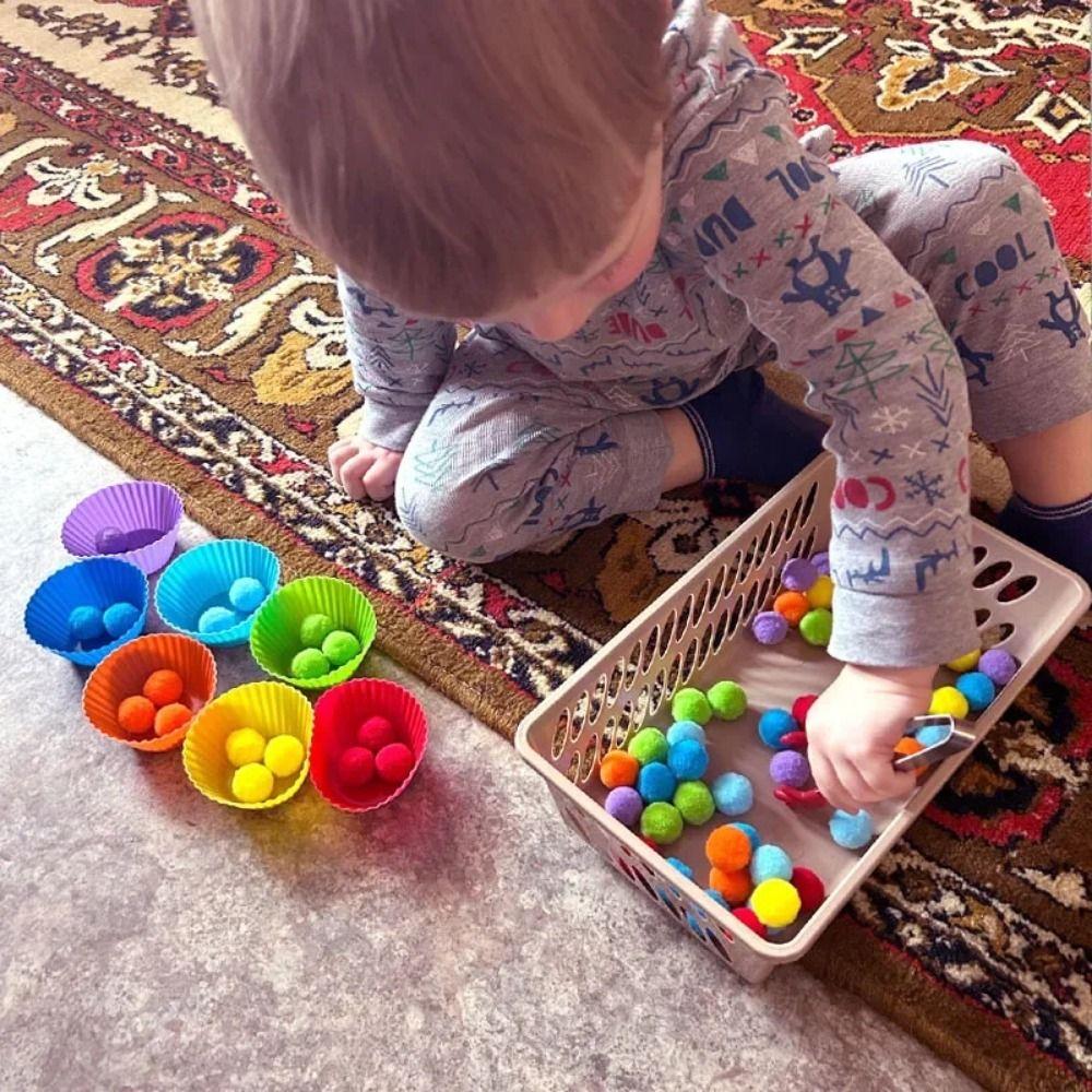 Colorful Early Education Toy Rainbow Counting Pompoms Pompoms Tweezers Toy Kids Early Education