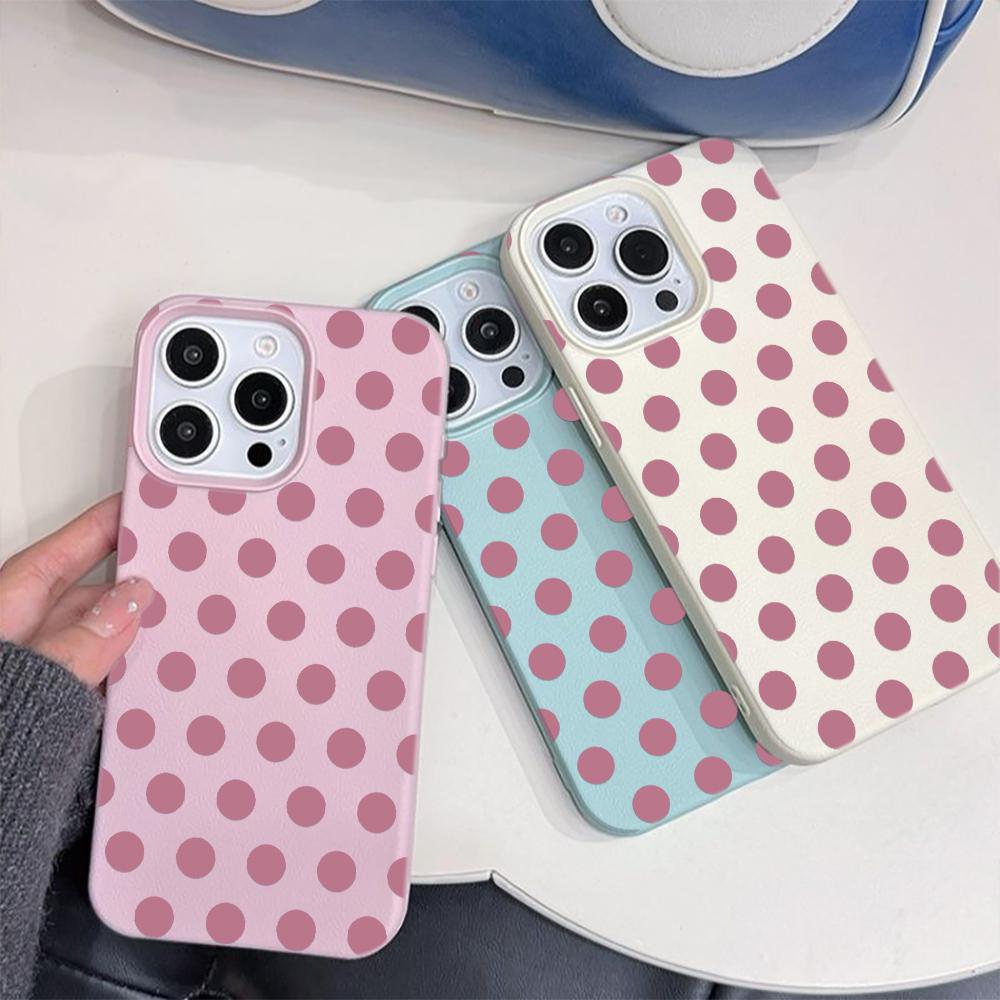 Мятно-малиновый с горошком Кожаная текстура Мягкий чехол для iPhone 17 17E 16 15 14 13 12 11 Pro Max Минималистичный ударопрочный чехол
