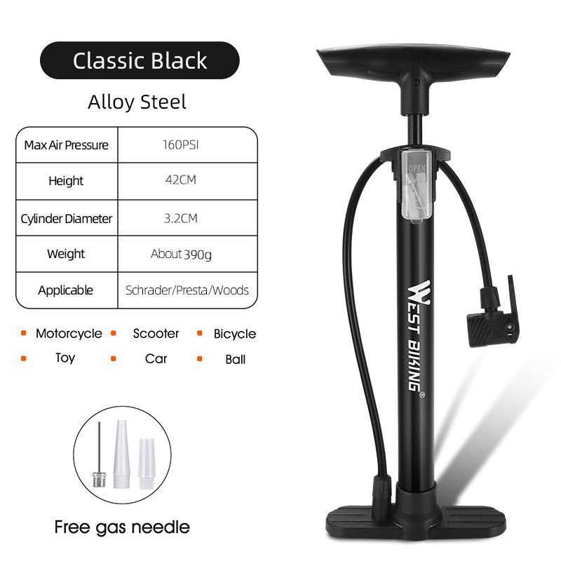 WEST BIKING Bicycle Air Pump With Gauge 160PSI High Pressure Tire Inflator Schrader Presta Cycling Pump MTB Road Bike Floor Pump