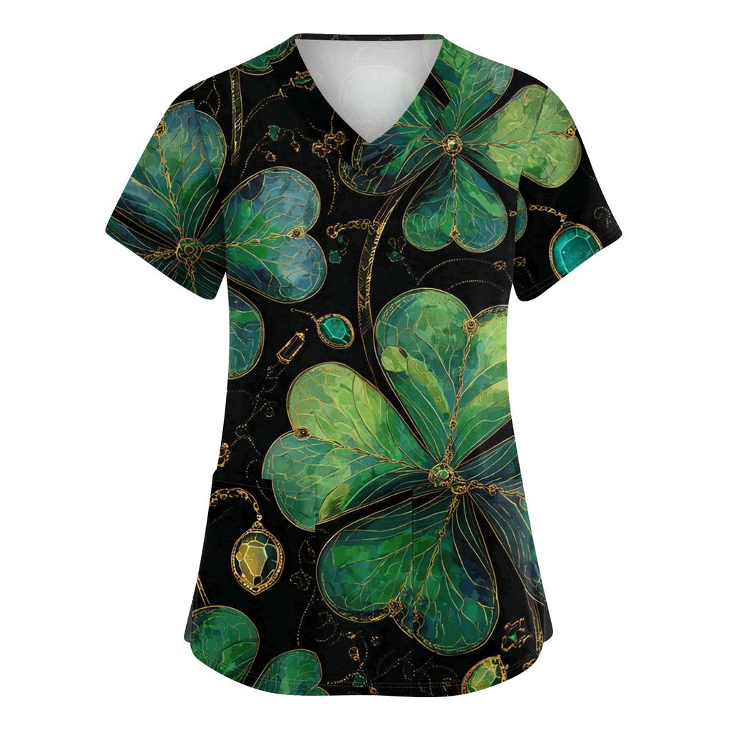 Ladies' St. Patrick Print Fashionable V-neck Pocket Short Sleeved Uniform And Caregiver Top