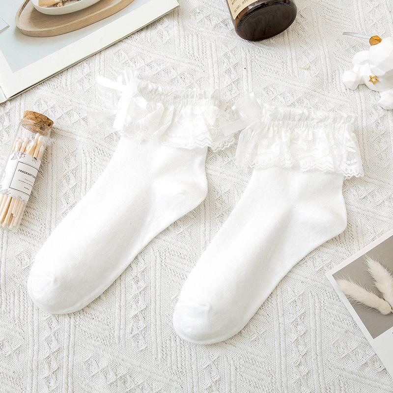 Lolita Style Japanese Kawaii Women Socks Cute Frilly Ruffle Socks Solid White Black Mesh Lace Girls Sweet Harajuku Short Socks