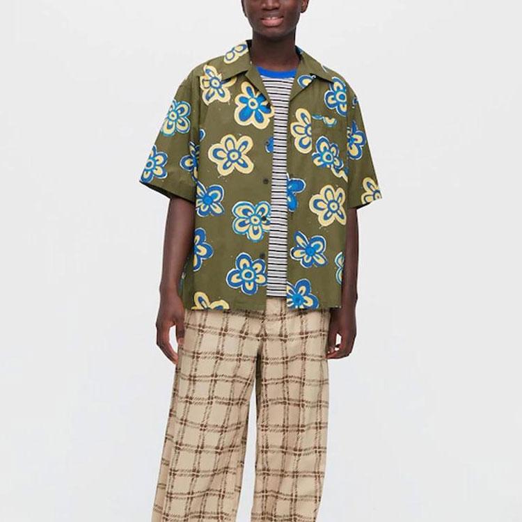 Uniqlo X Marni Коллаборация Весна-Лето 2022 Рубашка Свободная Короткий Рукав Цветочный Принт Мужские рубашки Темно-Оливковый 449637-57