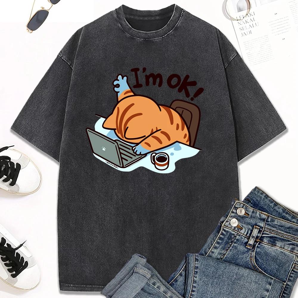 RetroT-shirt with Cat Wash Men's and Women's Fashion Clothing Casual Combination T-shirt Design Fashionable and Versatile