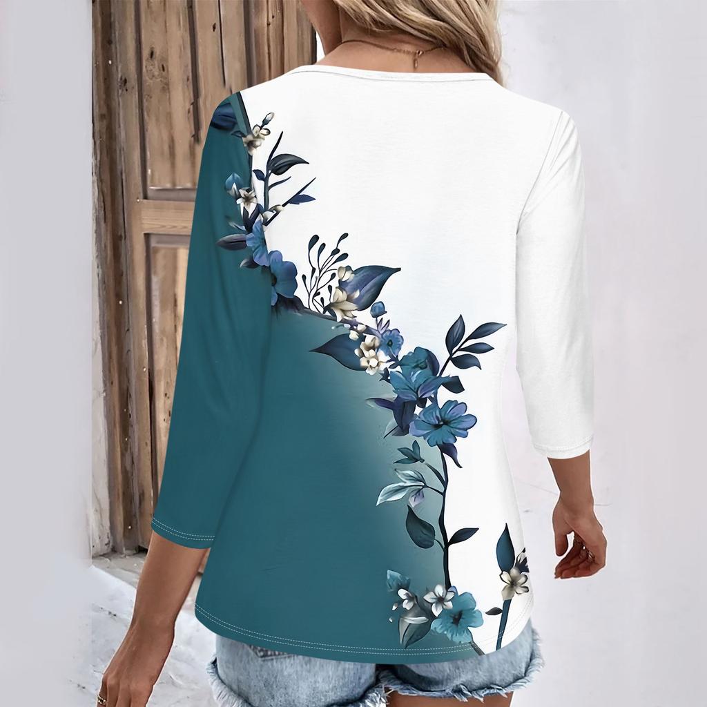 Womens 3/4 Sleeve Daily Weekend V Neck Casual Printed Tshirts Loose Fit Pleated Tees Ladies Blouse