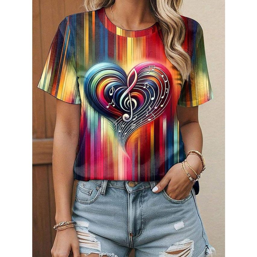 Summer Round Neck 3D Love Print T-shirts Fashionable Casual Short Sleeved Women's T-shirts