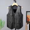 Men Vest Solid Color Single Breasted Loose Coldproof Plus Size Faux Leather V Neck Plush Lining Waistcoat Streetwear