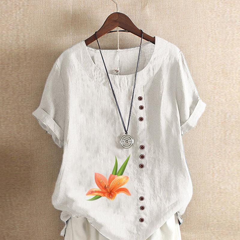 Women's Fashion Round Neck Short Sleeve T-shirt Casual Cotton Linen Graphic Shirt Flower Prined Summer Blouse Tops Plus Size
