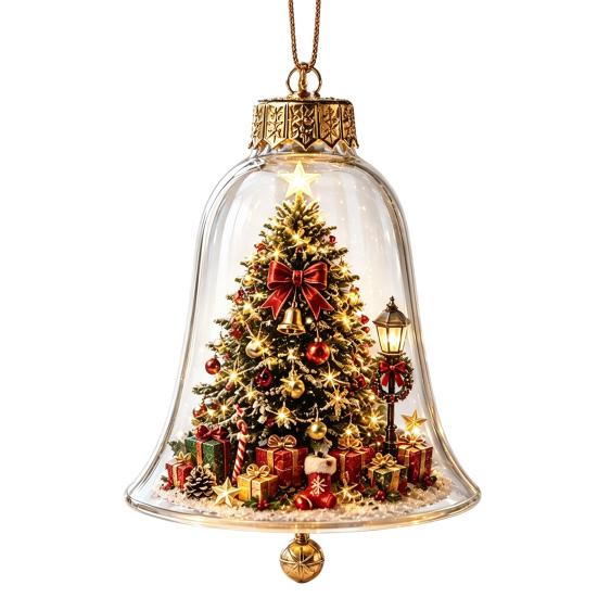 Holiday Home Atmosphere Enhancements 3D Christmas Bell Ornament, Winter Scene Clear Decoration with Santa Immersive Wonderland Ornaments Snowman