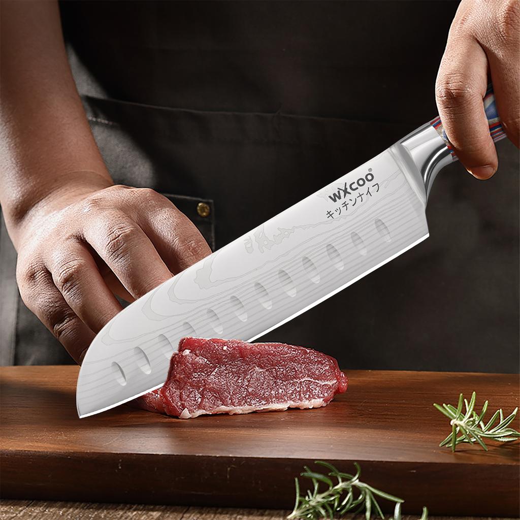 5PCS Damascus Pattern Chef Knife Kitchen Knife Meat Cleaver Wood Handle Paring Utility Santoku Slicing Knife