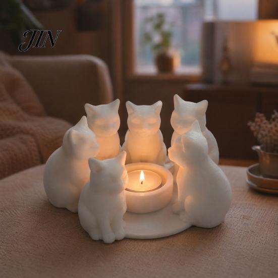 3D Printed Cat Ornament Candle Holder, Matte Sanding Aesthetic Desktop Decor, Integrated Showcase Display Smooth Curved Sculpture, Home Decoration for
