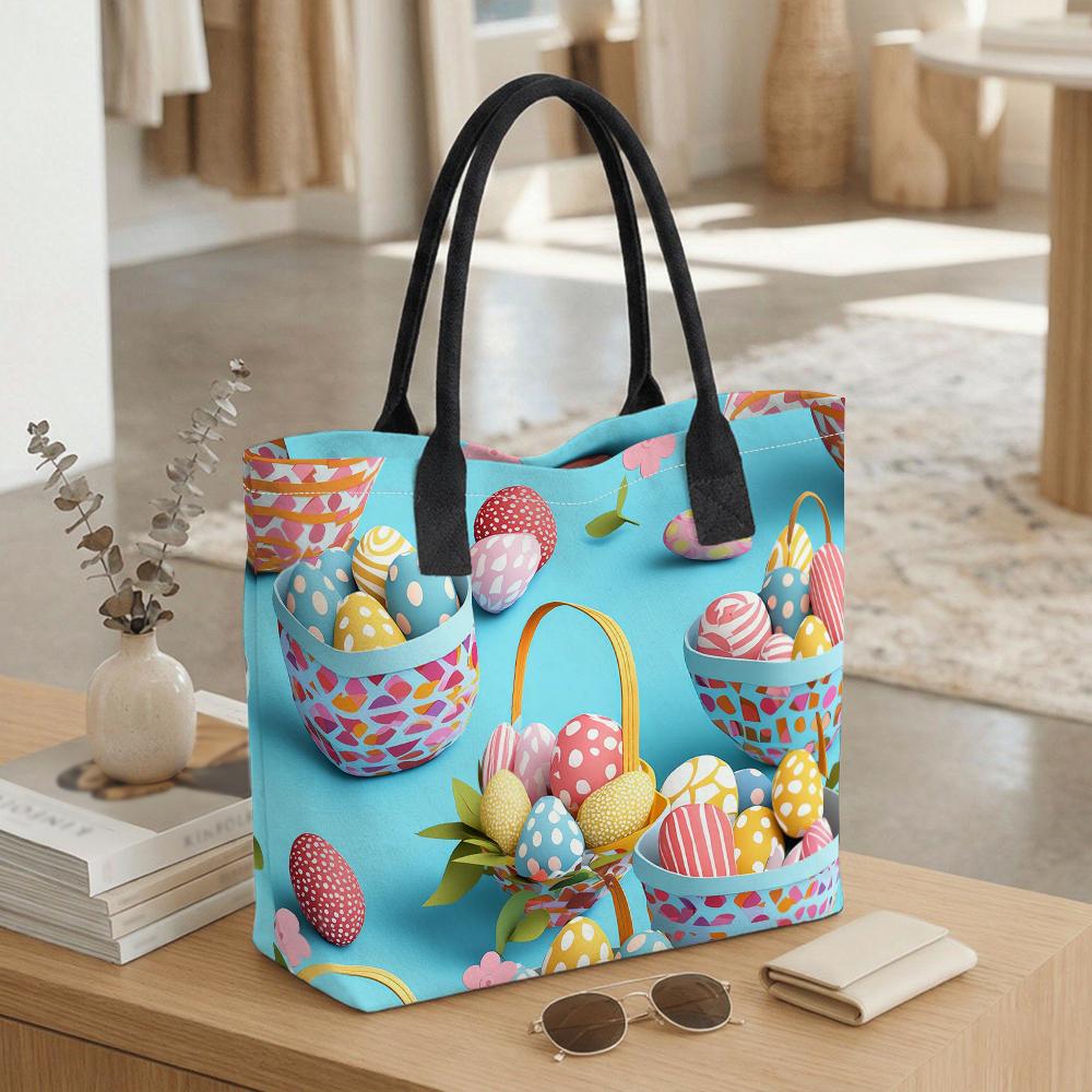 Easter Egg Print Tote Bag Large Capacity Fashion Casual Portable Daily Handbag for Women