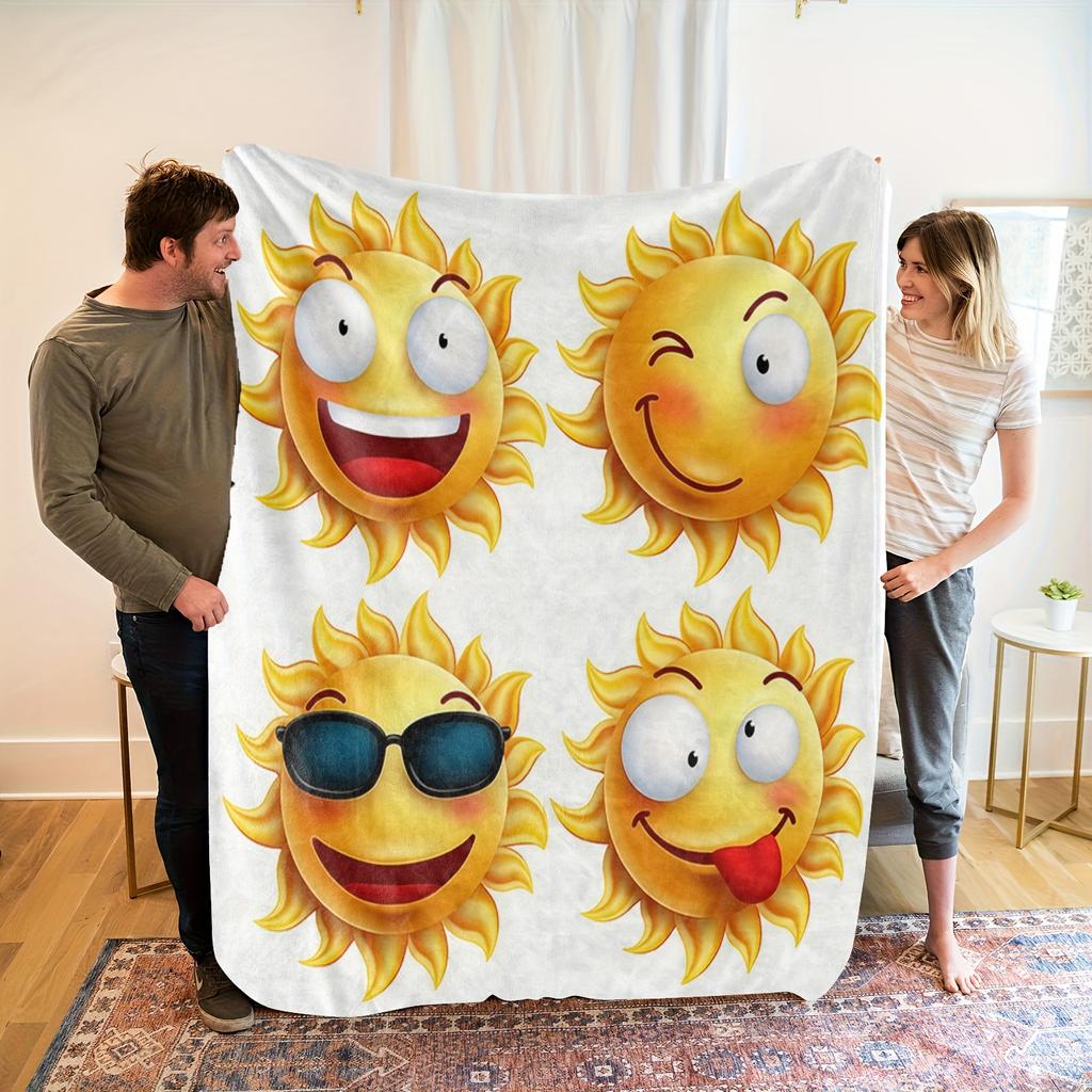 1pc Soft All-Season Sun-Themed Blanket - Cheerful Smiling Suns with Expressive Eyes & Mouths - Machine Washable Lightweight Thro
