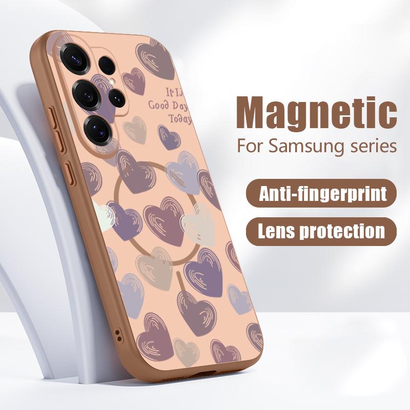 Магнитный Чехол Для Magsafe Для Samsung Galaxy S26 Ultra S25 Edge S24 Plus S23 FE S22 A54 A55 A56 5G Конфетный Цвет Узор Сердечки Матовый Чехол