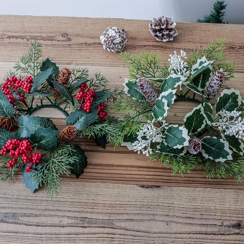 Рождественский подсвечник с искусственными листьями, венок для подсвечника, искусственная вишневая шишка, гирлянда