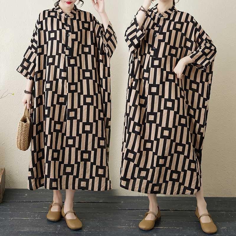 Платье для отпуска 2025 года с принтом и воротником-стойкой, свободного покроя, очень большого размера