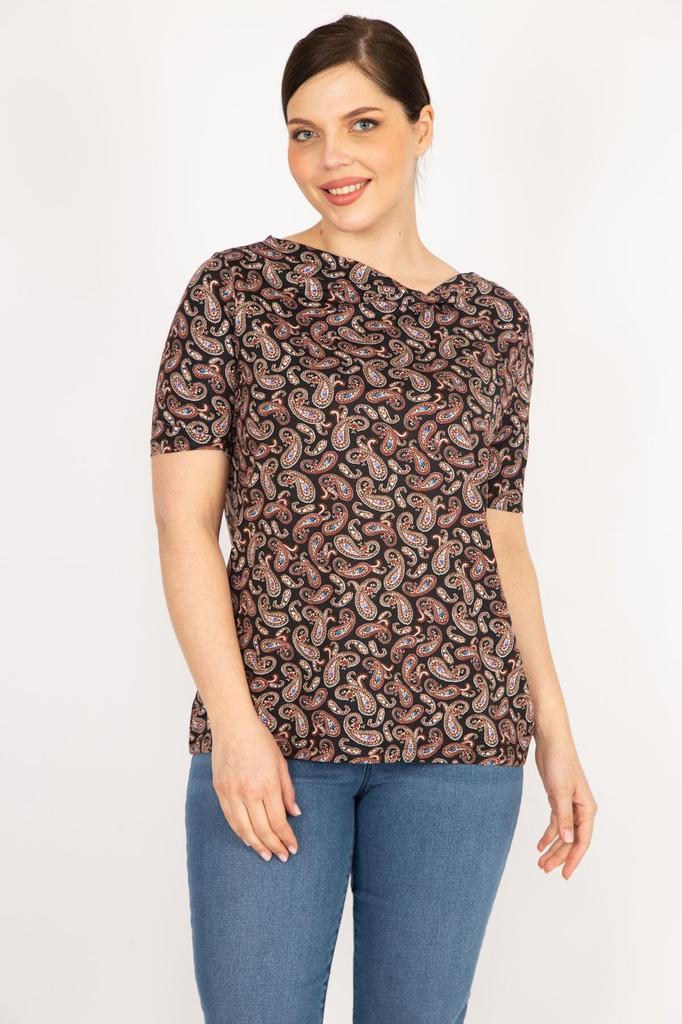 Women's Big Size Blouse Colorful Plus Size Paisley Patterned Collar Detailed Blouse