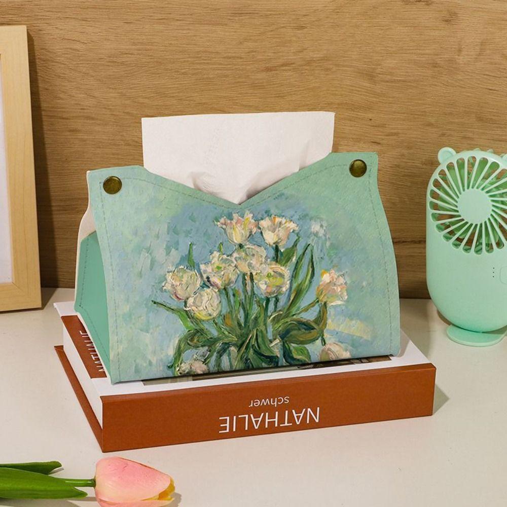 Oil Painting Tissue Case Leather Car Tissue Box Creative Napkin Holder  Home