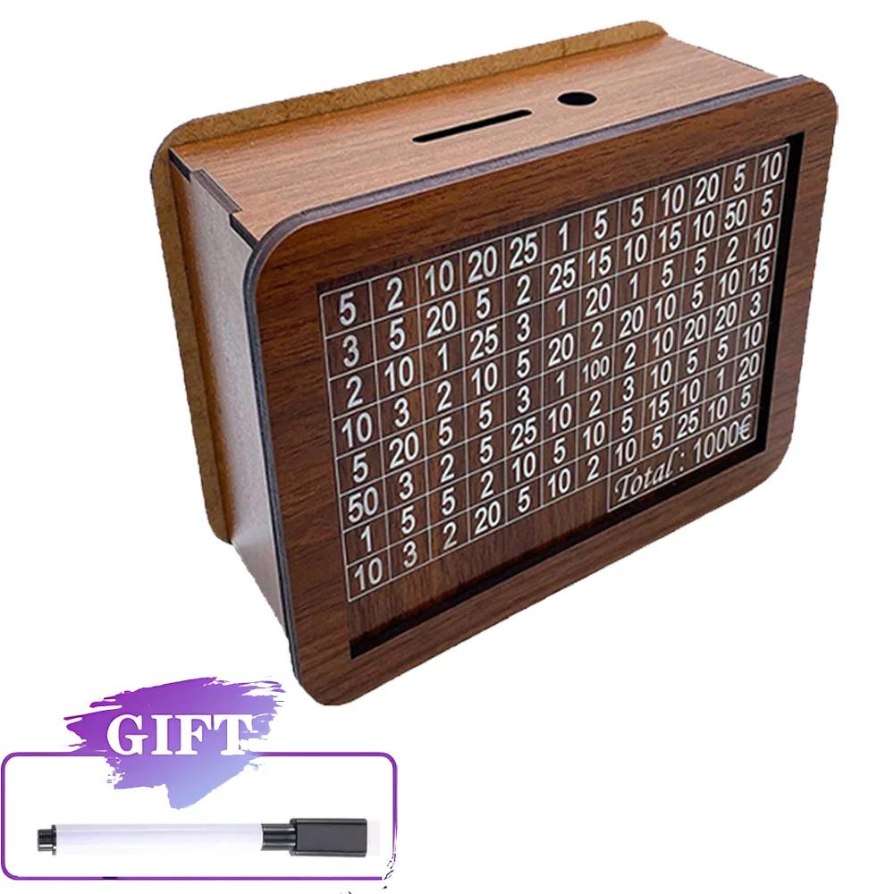 1000/2000/3000/5000 Euro Money Box Wooden Piggy Bank with Reusable Money Box with Saving Goal and Numbers Boxes