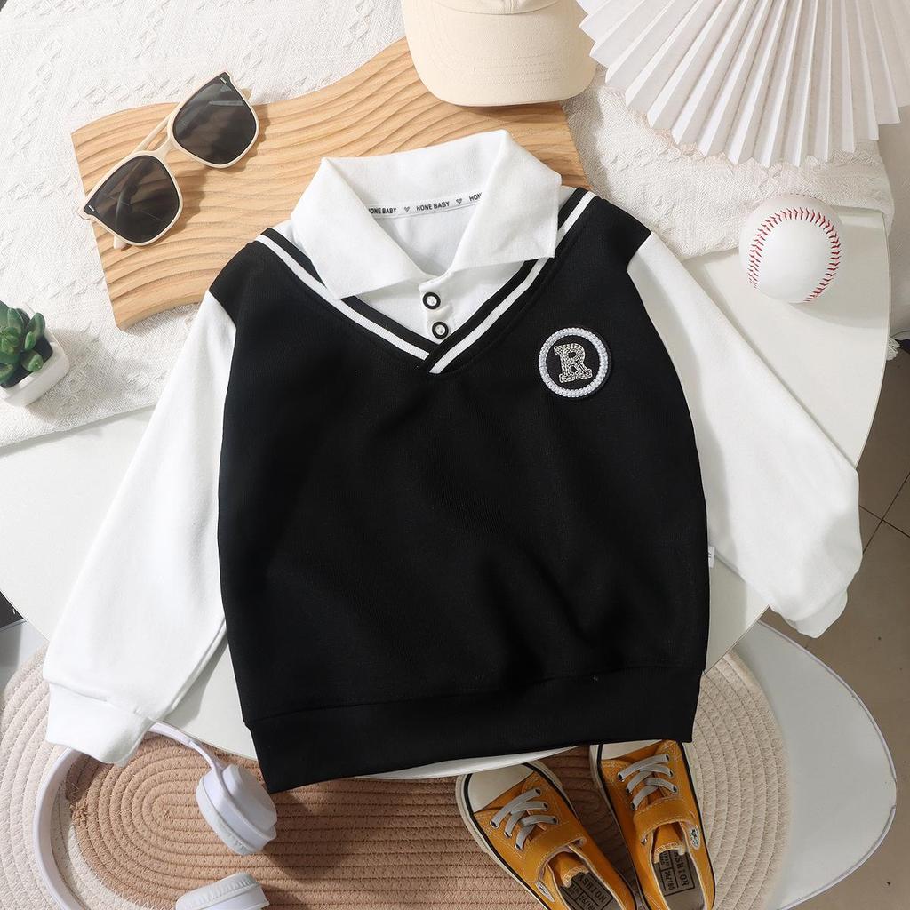 Мальчиковая весенняя толстовка с воротником в британском стиле, имитация двух предметов, универсальный модный академический стиль для детей среднего и большого возраста