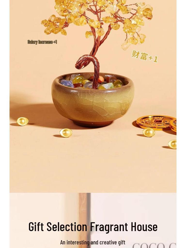 Citrine Money Tree with Agate Base - Fortune-Attracting Ornament for Home or Office