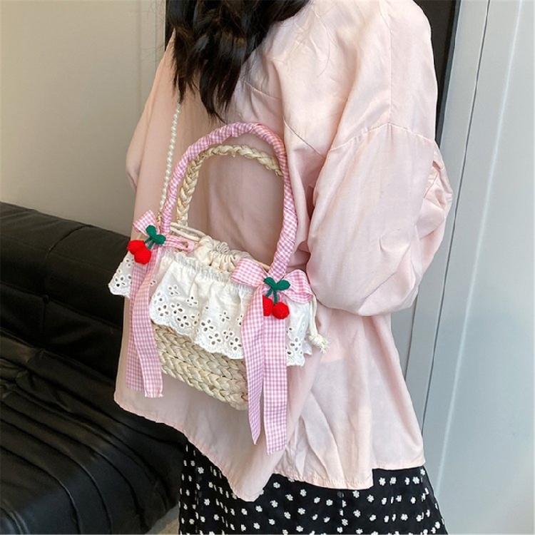 Cute Bowknot Woven Straw Handbag Beach Ruffle Lace Pearl Chain Crossbody Bag