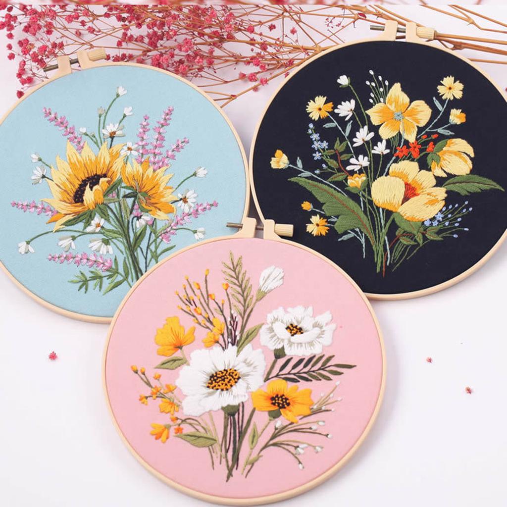 Embroidery Starter Kits with Pattern and Instructions Cross Stitches Set Flower Plant Stamped Embroidery Hoop Needlework