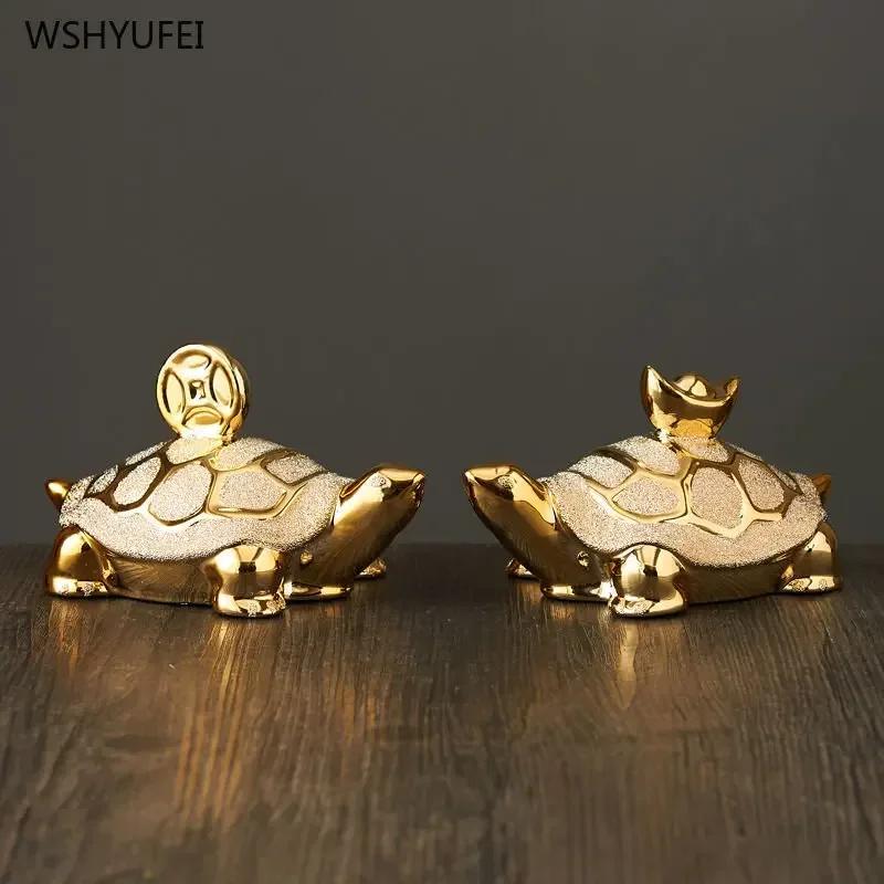Керамические золотые черепахи, настольные украшения для дома в виде животных, небольшие поделки, фэн-шуй, фигурки животных, предметы интерьера