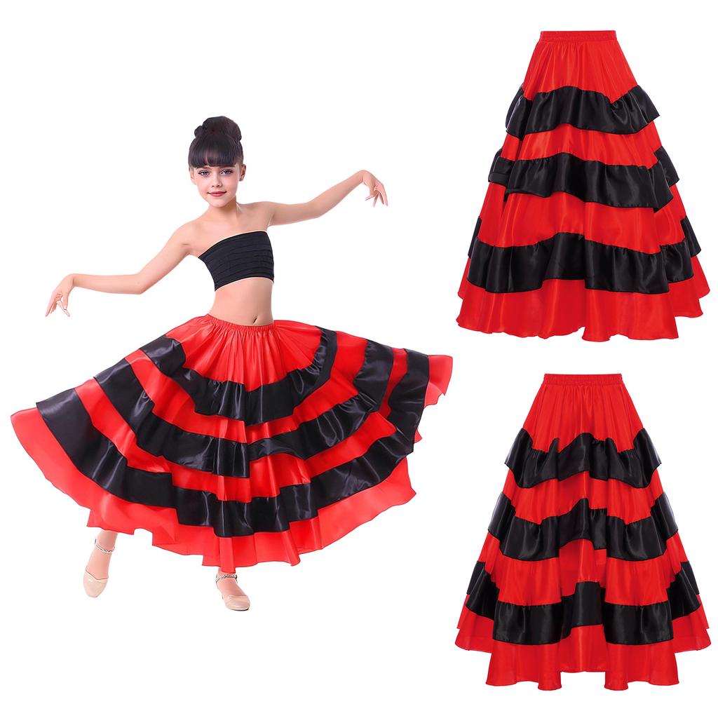 Kids Girls Spanish Dance Performance Skirt: Red Black Contrast Color Tiered Ruffles Wide Hemline Satin for Flamenco Ballroom Costume