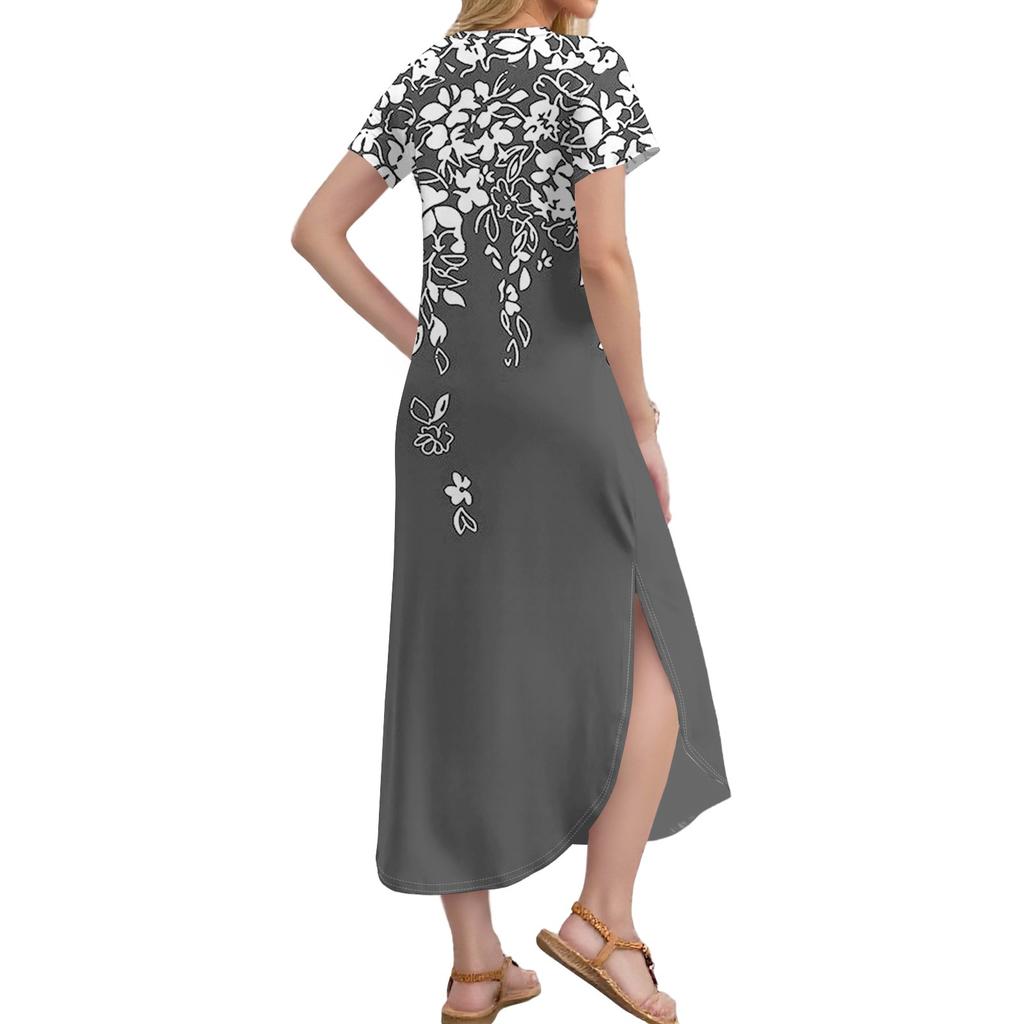 Женское длинное платье-рубашка с V-образным вырезом, повседневное, с коротким рукавом и свободным разрезом