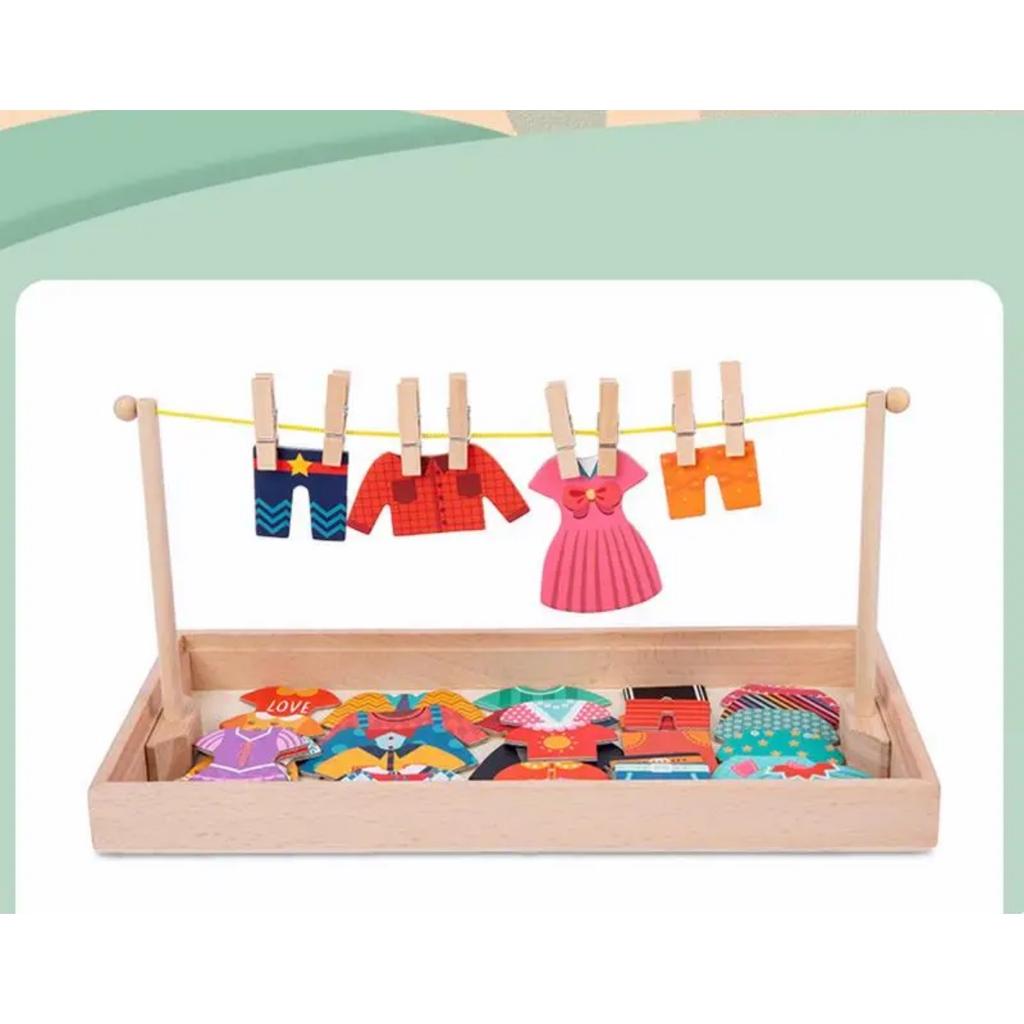 Wooden Kids Clothes Drying Dress-Up Puzzle Jigsaw Montessori Games Toys Thinking Games Educational Matching Sorting Toys Gifts