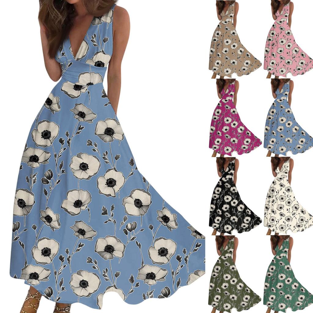 Women's Casual And Fashionable Floral Print V-Neck Sleeveless Dress Sleeveless Dress