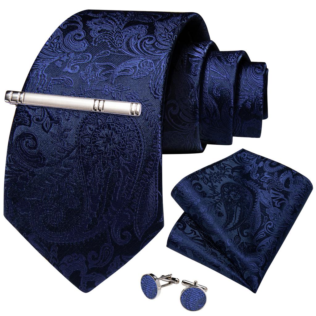 Men's Tie Silk Paisley Classic Wedding Necktie and Pocket Square Cufflinks Set