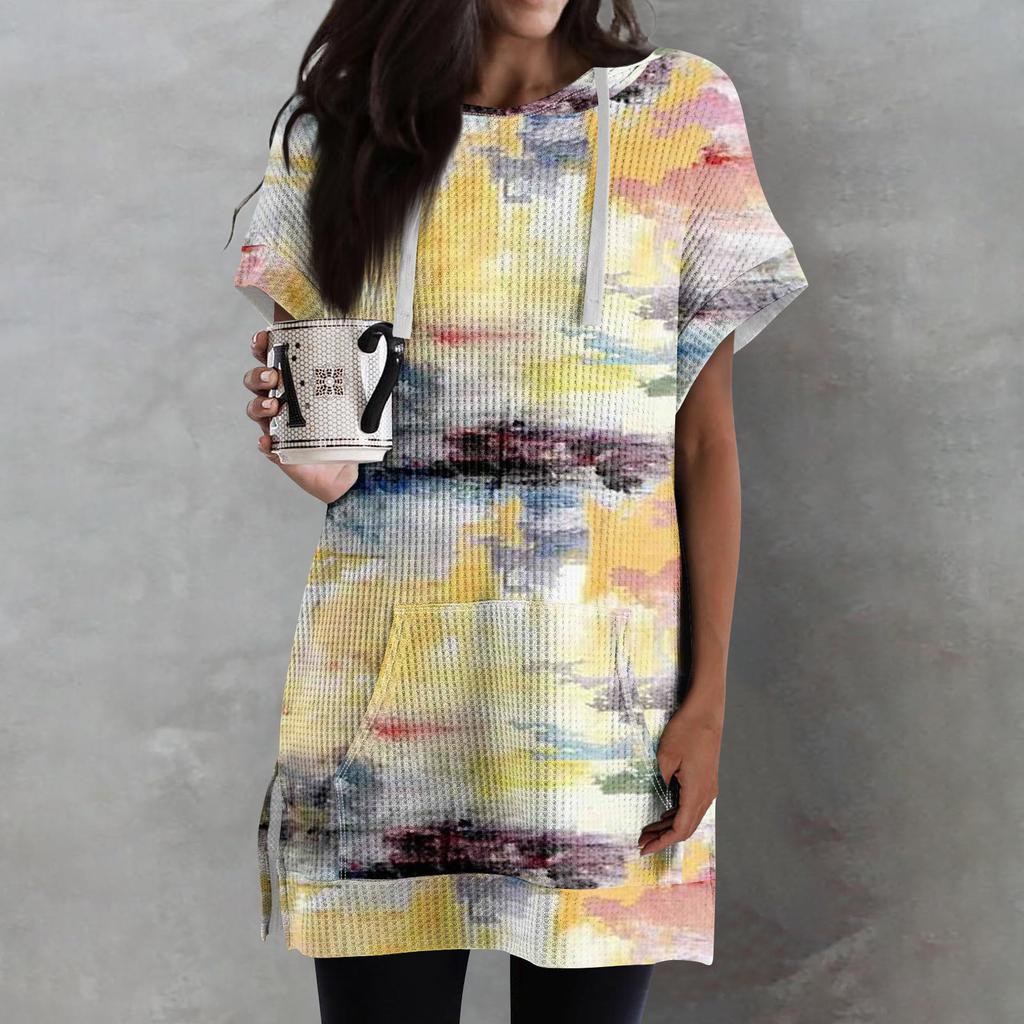 Женские свободные рубашки с принтом, толстовки с короткими рукавами и шнурком, вязаная туника с боковыми разрезами, топы с капюшоном и карманом