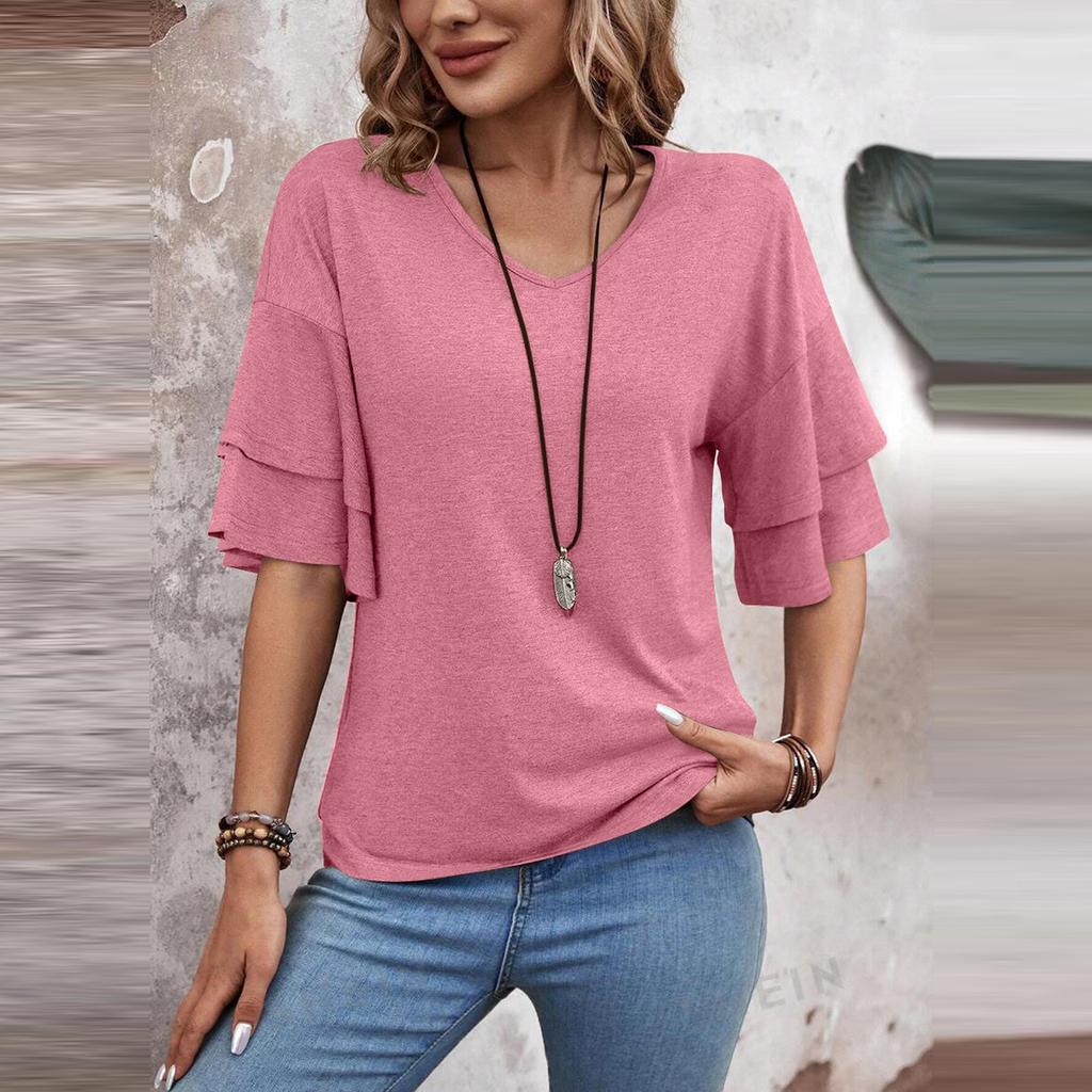 Модная и сексуальная женская двухслойная футболка с короткими рукавами и рюшами