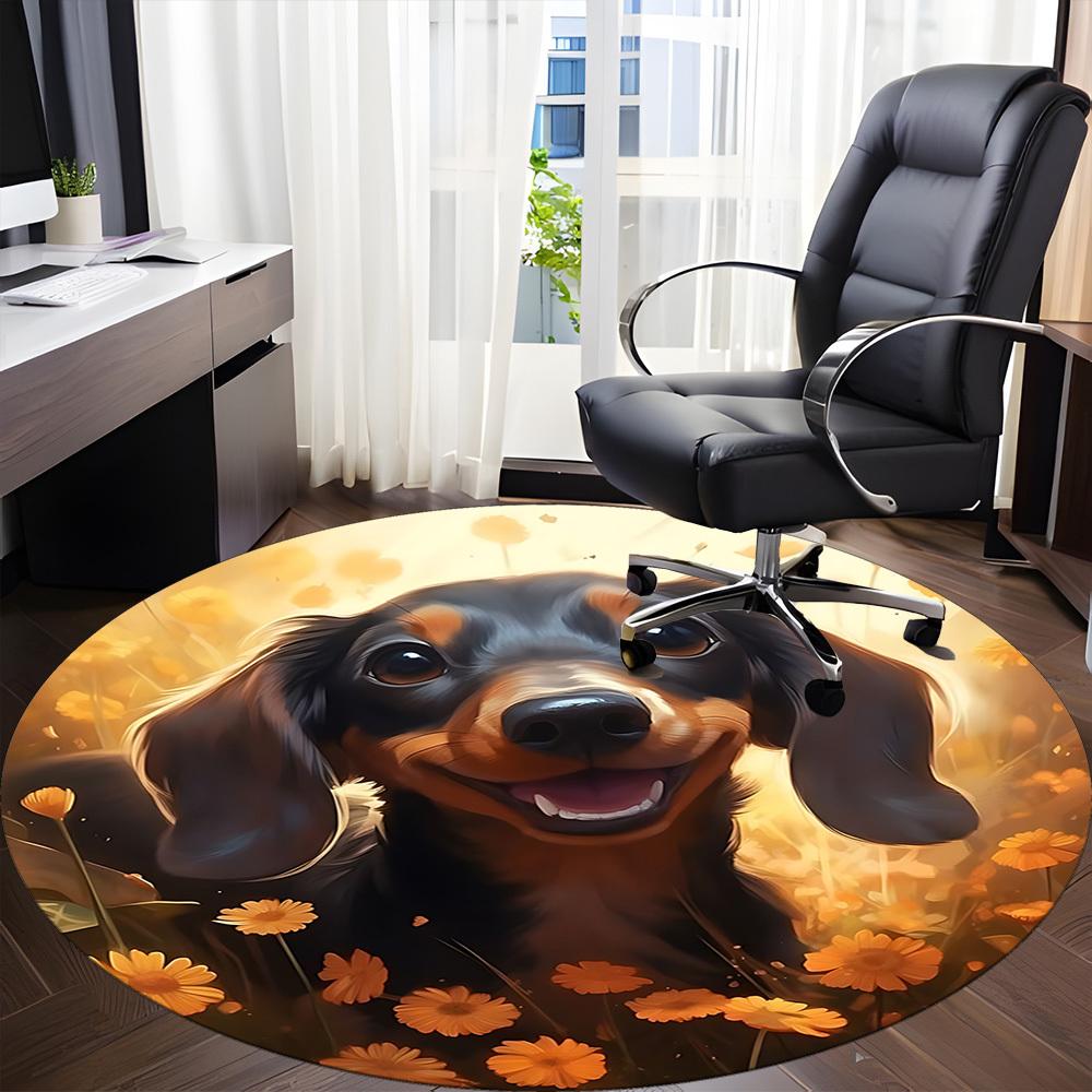 1pc Dachshund, Yellow Flowers Carpet for Office Non-Slip, Round Carpet, Soft & Comfortable, Carpet for Office, Round Floor Mat yy251225143