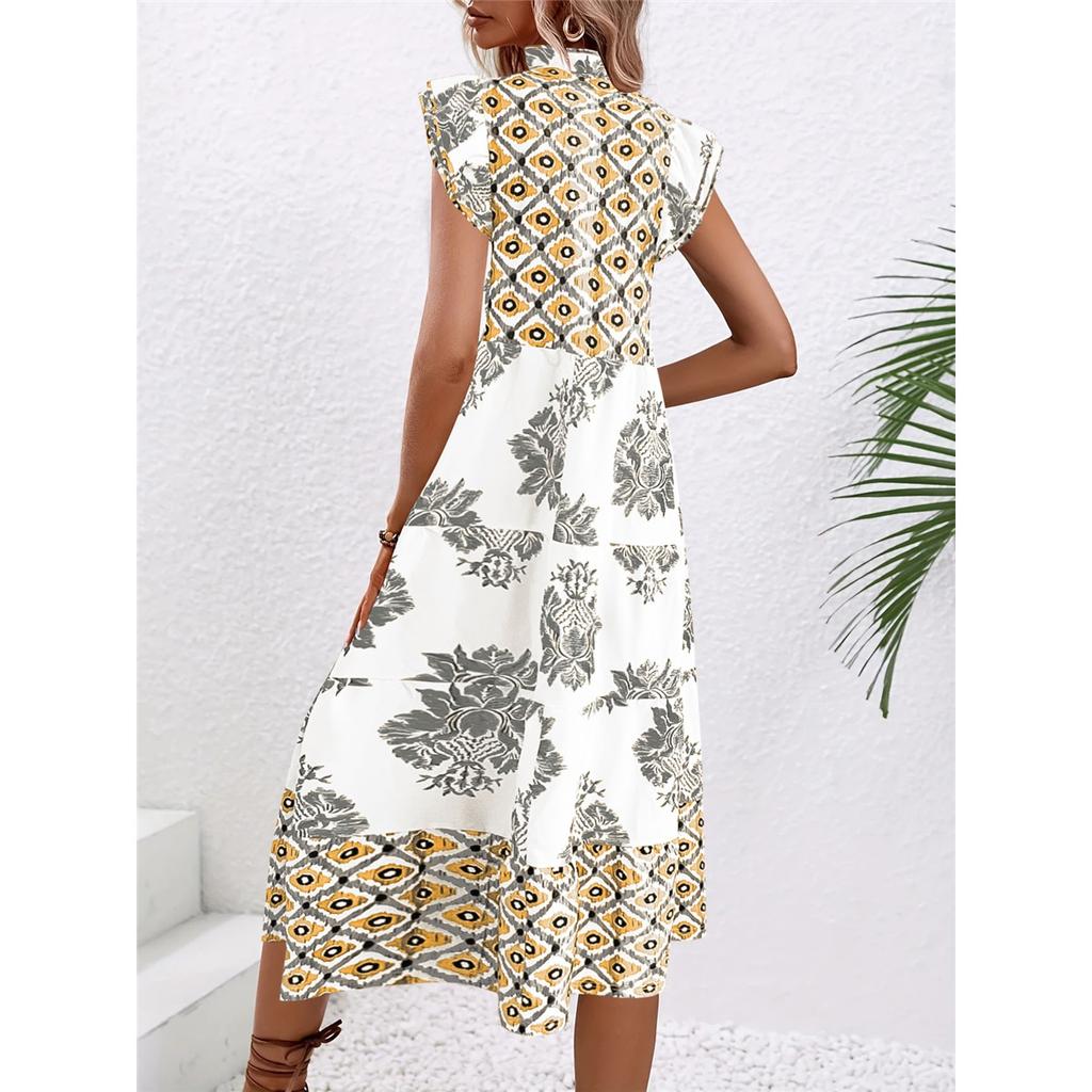 Women's Summer Flying Sleeves V-neck Dress Floral Print Stand Collar Midi Dress