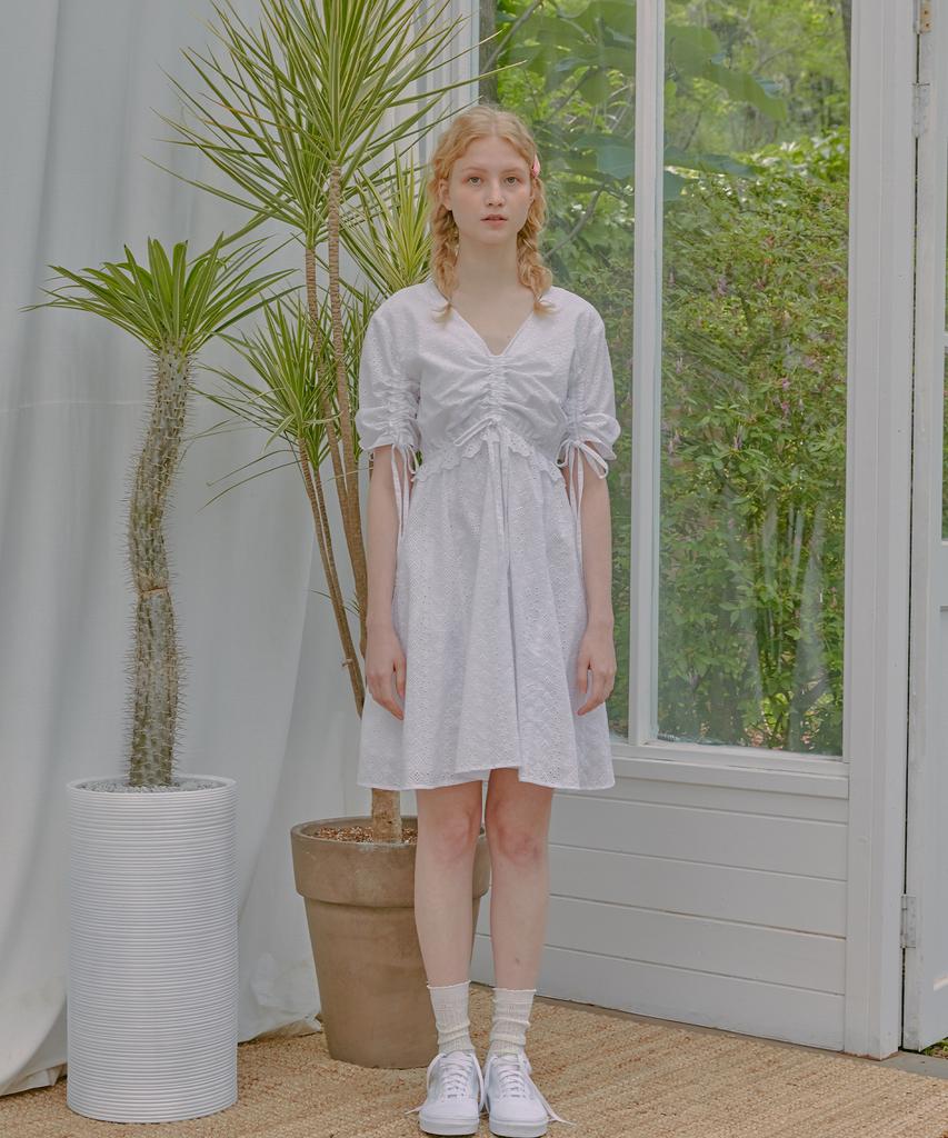 Near And Dear Lace Shirred Dress_White