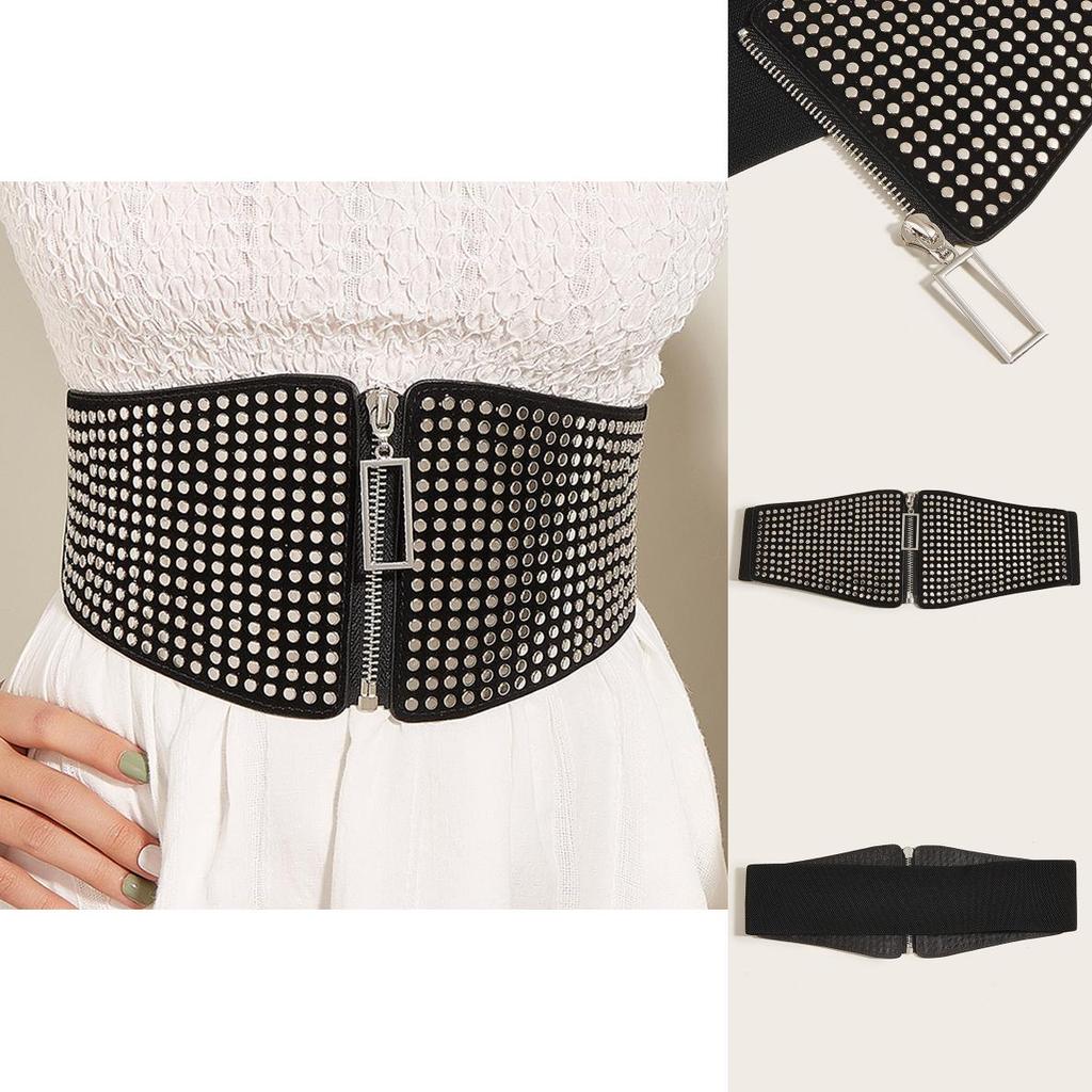 Faux Leather Wide Waist Belt For Women With Metal Buckle And Rivet Detailing