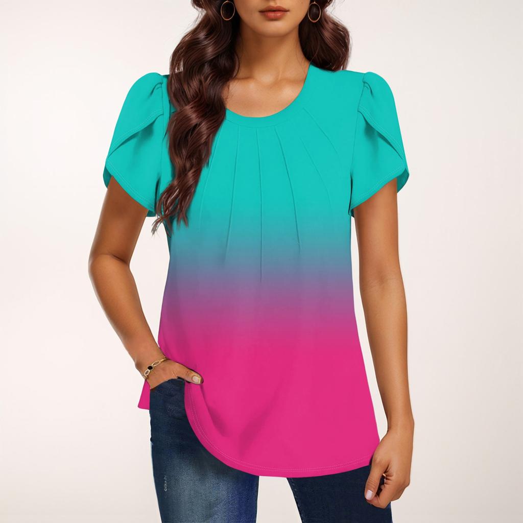 Женская модная футболка с круглым вырезом и коротким рукавом с градиентным принтом, повседневная базовая плиссированная футболка-пуловер