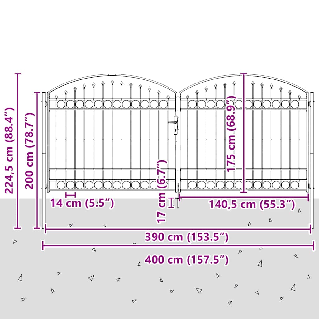Garden Gate ASSEN Double Door with Arched Top Steel 400 x 175 cm