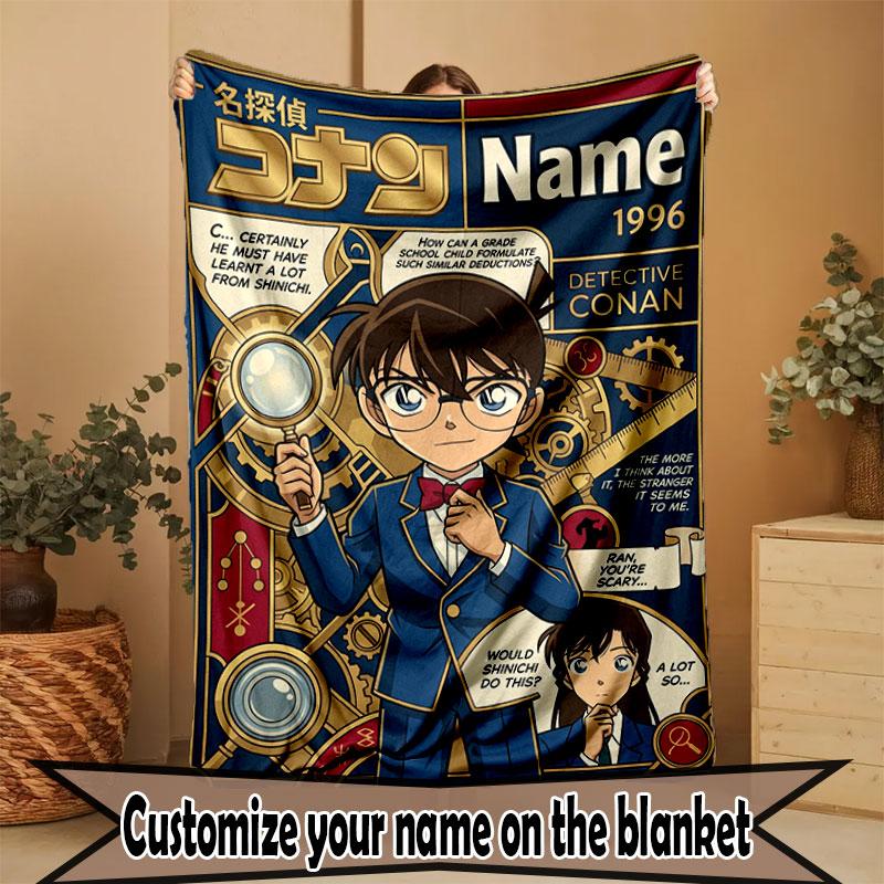 Custom Name Personalized Detective Conan Print Blanket, Home Decor, Bedroom, Sofa, Camping, Couch, Gifts for Birthday Christmas